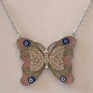 Silver pink butterfly evil eye necklace